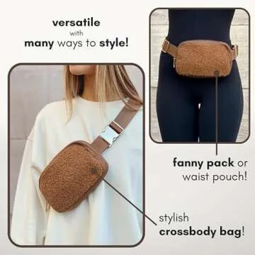 Boutique Fleece Belt Bag | Sherpa Crossbody Bag Fanny Pack for Women Fashionable | Everywhere Waist Pack | Small Fashion Travel Chest Bag (Small Strap Length, Caramel Fleece)