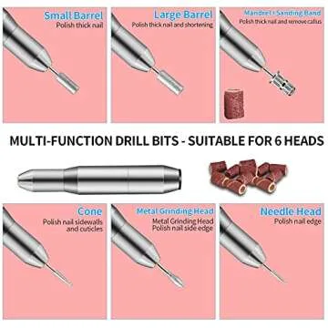 Nail Drill Set,DELIFO Electric Portable Nail File Drills Kit with 6 Heads & 6 Sanding Bands, Professional Manicure Pedicure Machine Tools for Acrylic Nails, Polishing Shape, USB Rechargeable（Normal）