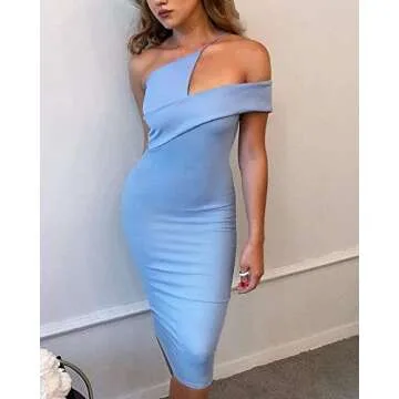UONBOX Women's Cut Out One Shoulder Sleeveless Split Club Party Fashion Bandage Dress Blue S