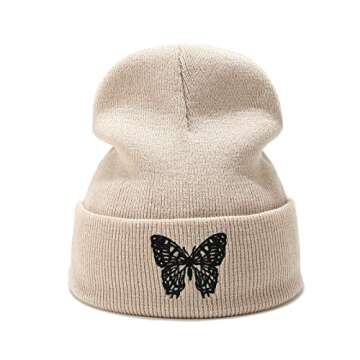 Joylife Butterfly Embroidered Cuffed Beanie Hat - Stylish Winter Knit for All