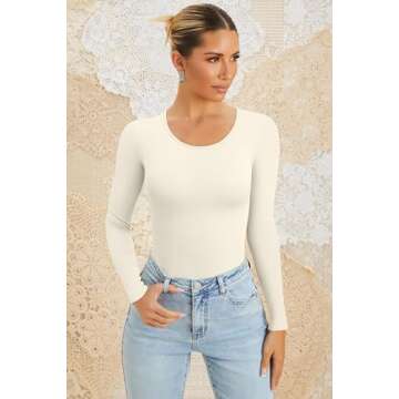 OQQ Women's 2 Piece Bodysuits Sexy Ribbed One Piece Long Sleeve Crew Neck Tops Bodysuits Black Beige