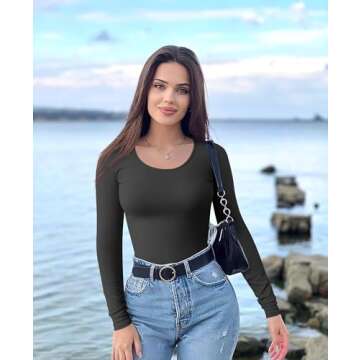 OQQ Women's 2 Piece Bodysuits Sexy Ribbed One Piece Long Sleeve Crew Neck Tops Bodysuits Black Beige