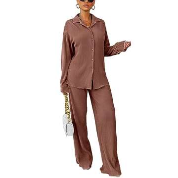 kaimimei Casual 2 Piece Outfit for Women - Linen Long Sleeve Button Down Shirt + Flare Pleated Wide Leg Pants Sets Streetwear