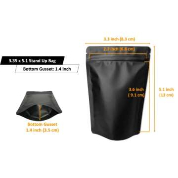 Chamigon 100 Pack Matte Black Mylar Stand Up Bags - 3.3x5.1 Inches Smell Proof Resealable Bags, Heat...