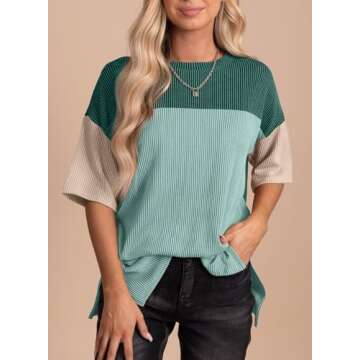 EVALESS Summer Short Sleeve Shirts for Women Loose Fit Oversized Crew Neck Shirt Tops Color Block St...