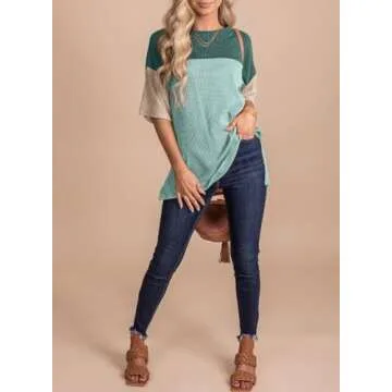 EVALESS Summer Short Sleeve Shirts for Women Loose Fit Oversized Crew Neck Shirt Tops Color Block Stretchy Knit Lightweight Tunic Plus Size Green XX-Large