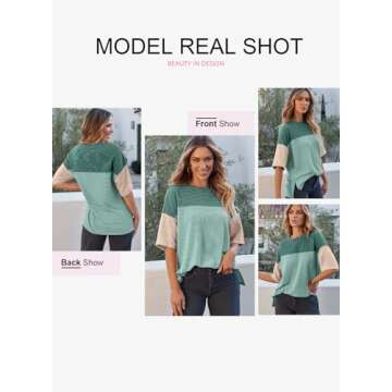 EVALESS Summer Short Sleeve Shirts for Women Loose Fit Oversized Crew Neck Shirt Tops Color Block Stretchy Knit Lightweight Tunic Plus Size Green XX-Large