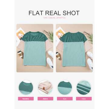 EVALESS Summer Short Sleeve Shirts for Women Loose Fit Oversized Crew Neck Shirt Tops Color Block Stretchy Knit Lightweight Tunic Plus Size Green XX-Large