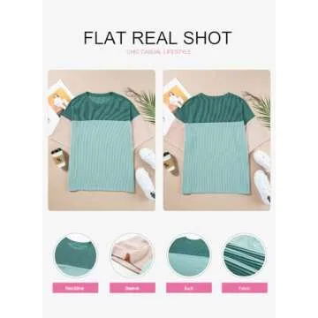 EVALESS Summer Short Sleeve Shirts for Women Loose Fit Oversized Crew Neck Shirt Tops Color Block Stretchy Knit Lightweight Tunic Plus Size Green XX-Large