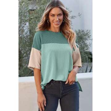 EVALESS Summer Short Sleeve Shirts for Women Loose Fit Oversized Crew Neck Shirt Tops Color Block Stretchy Knit Lightweight Tunic Plus Size Green XX-Large