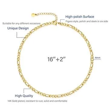 NUZON 4MM Gold Figaro Chain Necklace for Women Solid 18K Gold Plated Flat Hollow Diamond-cut Link Choker Necklace Dainty Layering Jewelry 16’’