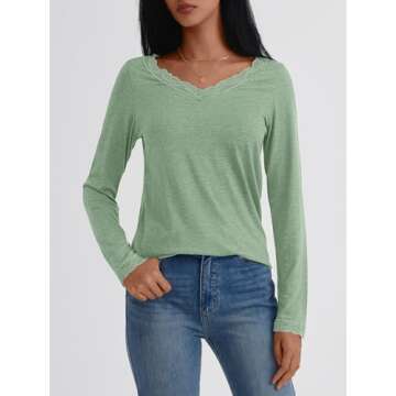 AUTOMET Long Sleeve T Shirts for Women Lace V Neck Casual Cute Tops Loose Fit Fall Winter Basic Clothing, LightGreen, XL