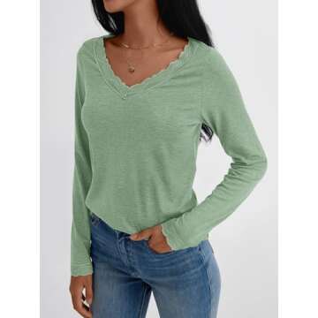 AUTOMET Long Sleeve T Shirts for Women Lace V Neck Casual Cute Tops Loose Fit Fall Winter Basic Clothing, LightGreen, XL