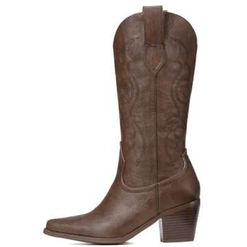Platikly Brown Cowboy Boots for Women - Embroidered Western Cowgirl Boots, Wide Calf Knee High Tall ...