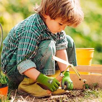 COOLJOB 3 Pairs Kids Gardening Gloves for Little kid Age 3-5, Children Toddlers Boys Grippy Rubber Coated Work Gloves, Red & Green & Blue (Explorer, Small S)