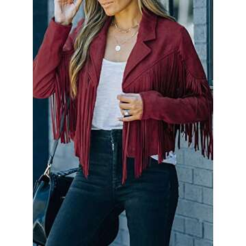Dokotoo Womens Fall 2023 Jackets for Women Faux Suede Leather Casual Lapel Fashion Tassel Motorcycle Cropped Jacket Red Medium