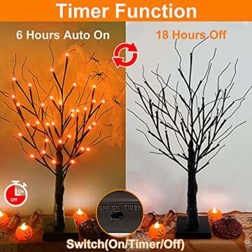 [ Timer ] TURNMEON 24" Black Halloween Tree with 36 LED Orange Lights Battery Powered Halloween Spooky Birches Tree Tabletop Trees for Halloween Decoration Indoor Home Decor