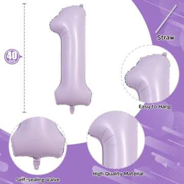 40 Inch Light Purple Number 1 Balloon for 1st Birthday Decoration, Large Pastel Purple Mylar Foil Nu...