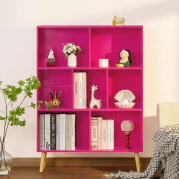 LEYAOYAO 7 Cube Bookshelf,3 Tier Book Shelf with Legs,Pink Modern Bookshelf,Large Freestanding Open Toy Modern Bookshelves,Display Bookcases Decor Furniture for Nursery