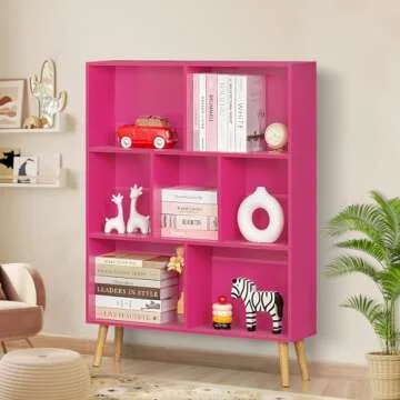 LEYAOYAO 7 Cube Bookshelf,3 Tier Book Shelf with Legs,Pink Modern Bookshelf,Large Freestanding Open Toy Modern Bookshelves,Display Bookcases Decor Furniture for Nursery