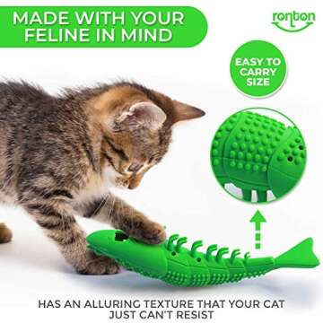 Ronton Cat Toothbrush Catnip Toy - Durable Hard Rubber - Cat Dental Care, Cat Interactive Toothbrush Chew Toy (1 Pack Green (Shrimp))