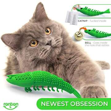 Ronton Cat Toothbrush Catnip Toy - Durable Hard Rubber - Cat Dental Care, Cat Interactive Toothbrush Chew Toy (1 Pack Green (Shrimp))