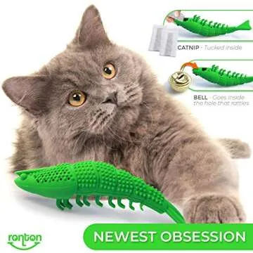 Ronton Cat Toothbrush Catnip Toy - Durable Hard Rubber - Cat Dental Care, Cat Interactive Toothbrush Chew Toy (1 Pack Green (Shrimp))