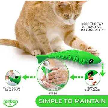 Ronton Cat Toothbrush Catnip Toy - Durable Hard Rubber - Cat Dental Care, Cat Interactive Toothbrush Chew Toy (1 Pack Green (Shrimp))