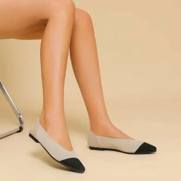 TINGRISE Women's Flats Shoes Pointed Toe Knit Ballet Comfortable Dressy Slip On Flat Black and Beige US7.5