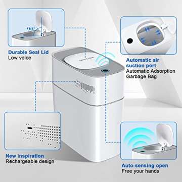 Automatic Bathroom Slim Trash Can with Lid, 3.8 Gallon Small Plastic Rechargeable Touchless Motion S...
