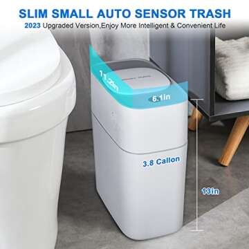 Automatic Bathroom Slim Trash Can with Lid, 3.8 Gallon Small Plastic Rechargeable Touchless Motion Sensor Narrow Smart Garbage Can for Bedroom, Bathroom, Kitchen, Office, RV