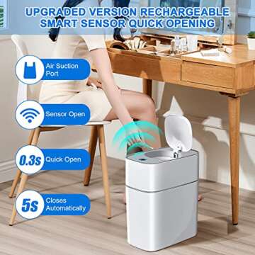 Automatic Bathroom Slim Trash Can with Lid, 3.8 Gallon Small Plastic Rechargeable Touchless Motion Sensor Narrow Smart Garbage Can for Bedroom, Bathroom, Kitchen, Office, RV