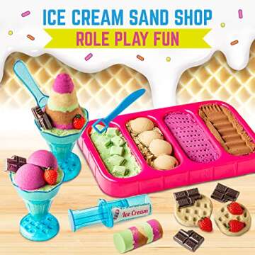 GirlZone Ice Cream Shop Play Sand for Kids, 22pcs Moldable Sand Kit - Serving Tools, Glasses, Spoon, Decorations, Stickers & 2lbs Colorful Sand, Fun Kids Sensory Toys, Ideal Easter Gifts for Kids