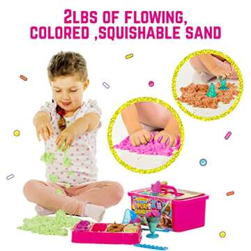 GirlZone Ice Cream Shop Play Sand for Kids, 22pcs Moldable Sand Kit - Serving Tools, Glasses, Spoon, Decorations, Stickers & 2lbs Colorful Sand, Fun Kids Sensory Toys, Ideal Easter Gifts for Kids