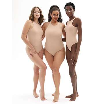 PUMIEY Bodysuit for Women Sexy Tops Thong Bodysuit Nude Sleeveless Tank Top Semolina Small