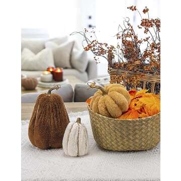 DILATATA 3 Pcs Assorted Faux Sherpa Pumpkins Small Fabric Pumpkins Mini Fake Plush Pumpkins for Fall Decor Halloween Thanksgiving Decor Table Centerpiece Mantel Decor - Mixcolor