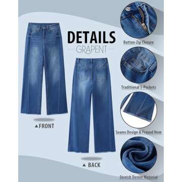 GRAPENT Blue Jeans Women Blue Jeans Pants for Women Trendy High Rise Straight Leg Jeans for Women Women Jeans Stretchy Wide Leg Jeans for Women High Waist Classic Blue Size Small US Size 4 to Size 6