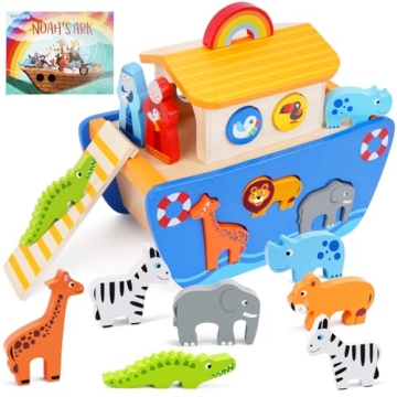 KMTJT Noah's Ark Wooden Animal Playset for Toddlers