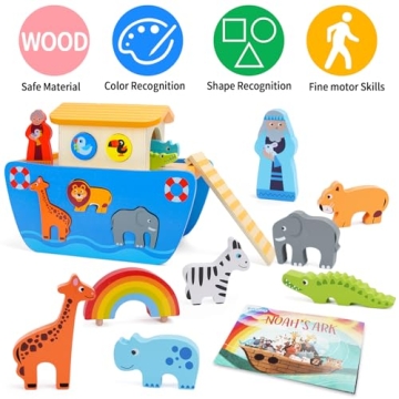 KMTJT Noah's Ark Wooden Animal Playset for Toddlers