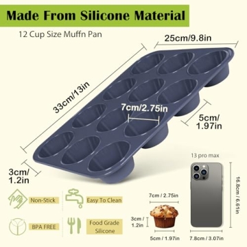 Vnray Silicone Muffin Baking Pan & Large Cupcake Tray 12 Cup - Nonstick Cake Molds/Tin, Silicon Bakeware, BPA Free, Dishwasher & Microwave Safe (12 Cup Size, Grey)