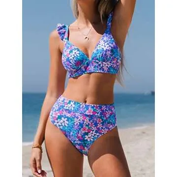 CUPSHE Women Bikini Sets 2 Piece Swimsuit High Waisted Bottom Floral Print Ruffle V Neck Bathing Suits Purple