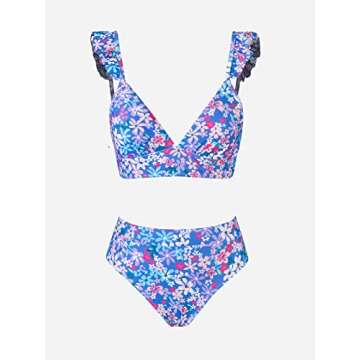 CUPSHE Women Bikini Sets 2 Piece Swimsuit High Waisted Bottom Floral Print Ruffle V Neck Bathing Suits Purple