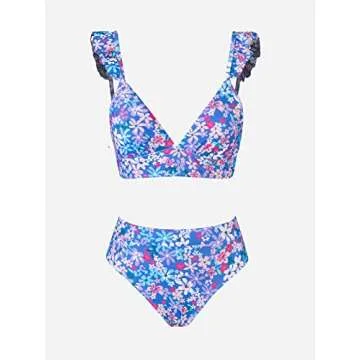 CUPSHE Women Bikini Sets 2 Piece Swimsuit High Waisted Bottom Floral Print Ruffle V Neck Bathing Suits Purple