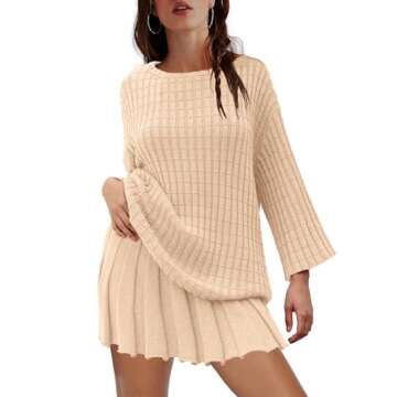 LAMISSCHE Womens Lounge Set Oversized 2 Piece Sweater Skirt Sets Long Sleeve Knit Top Pleated Skirts(Khaki,L)