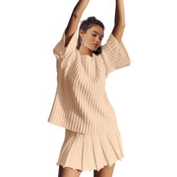 LAMISSCHE Womens Lounge Set Oversized 2 Piece Sweater Skirt Sets Long Sleeve Knit Top Pleated Skirts(Khaki,L)