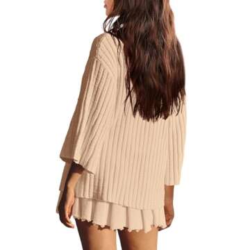 LAMISSCHE Womens Lounge Set Oversized 2 Piece Sweater Skirt Sets Long Sleeve Knit Top Pleated Skirts(Khaki,L)