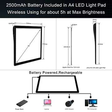 A4 Wireless Battery Powered Light Pad, TOHETO Tracing Light Box Dimmable Brightness Rechargeable LED Light Board Portable Cordless Copy Board for Artist Drawing Sketching X-ray Viewing