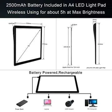 A4 Wireless Battery Powered Light Pad, TOHETO Tracing Light Box Dimmable Brightness Rechargeable LED Light Board Portable Cordless Copy Board for Artist Drawing Sketching X-ray Viewing