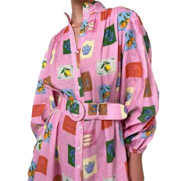 Qikaka Women's Long Sleeve Turtleneck Printed Bodycon Sexy Nightclub Party Belted Dress Pink