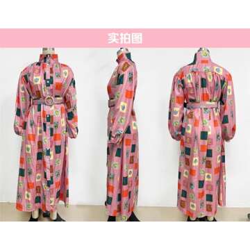 Qikaka Women's Long Sleeve Turtleneck Printed Bodycon Sexy Nightclub Party Belted Dress Pink